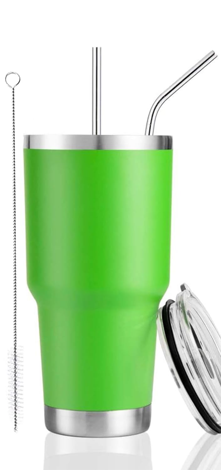 DS 30 oz Green Tumbler Stainless Steel Double Wall Vacuum Insulated Mug with Straw and Lid Cleaning Brush for Cold and Hot Beverages