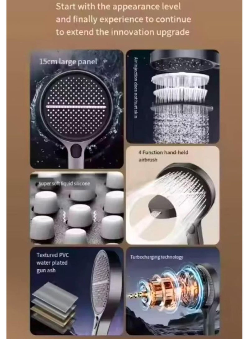 رأس دش عالي الضغط مزود بأربعة أوضاع ورأس دش محمول مزود بشاحن توربيني مع لوحة بعرض 15 سم وتقنية حقن الهواء وفوهات سيليكون سهلة التنظيف ورذاذ موفر للمياه وغسيل قوي - Image 4