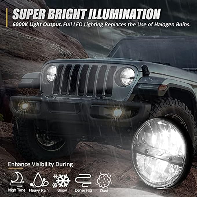 NUVISION LIGHTING NvlHl002 7 Inches Led Headlight High Low Beam Compatible With 9717 Jeep Wrangler Jk Tj Lj Cj 18 Wrangler Jk With Adapter Harness Left  Right Dot Approved - Image 4