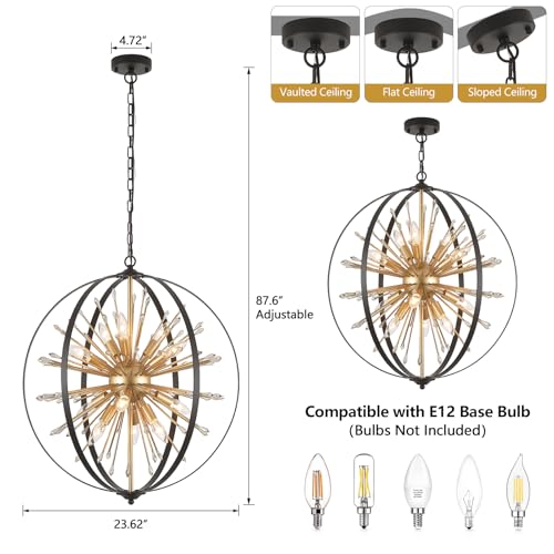 MEIXISUE Modern Sputnik Chandelier,Black Gold Globe Crystal Firework Pendant Light Fixture Industrial 12-Light for Entryway Foyer Kitchen Dining Living Room UL Listed - Image 2