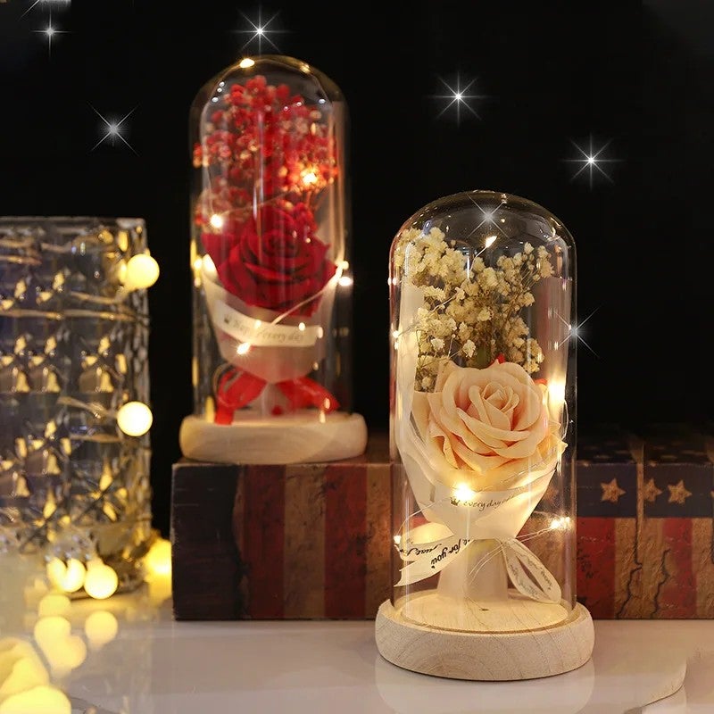 Bluejw Gypsophila Immortal Rose Flowers – Dried Preserved Blooms in Luminous Glass Dome, Romantic Chinese Valentine's Day Gift & Elegant Desktop Ornament for Teachers - Image 3