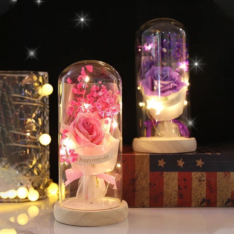 Bluejw Gypsophila Immortal Rose Flowers – Dried Preserved Blooms in Luminous Glass Dome, Romantic Chinese Valentine's Day Gift & Elegant Desktop Ornament for Teachers - Image 2