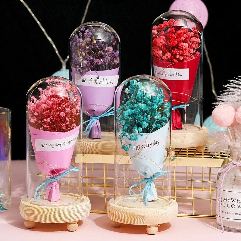 Bluejw Gypsophila Immortal Rose Flowers – Dried Preserved Blooms in Luminous Glass Dome, Romantic Chinese Valentine's Day Gift & Elegant Desktop Ornament for Teachers - Image 1
