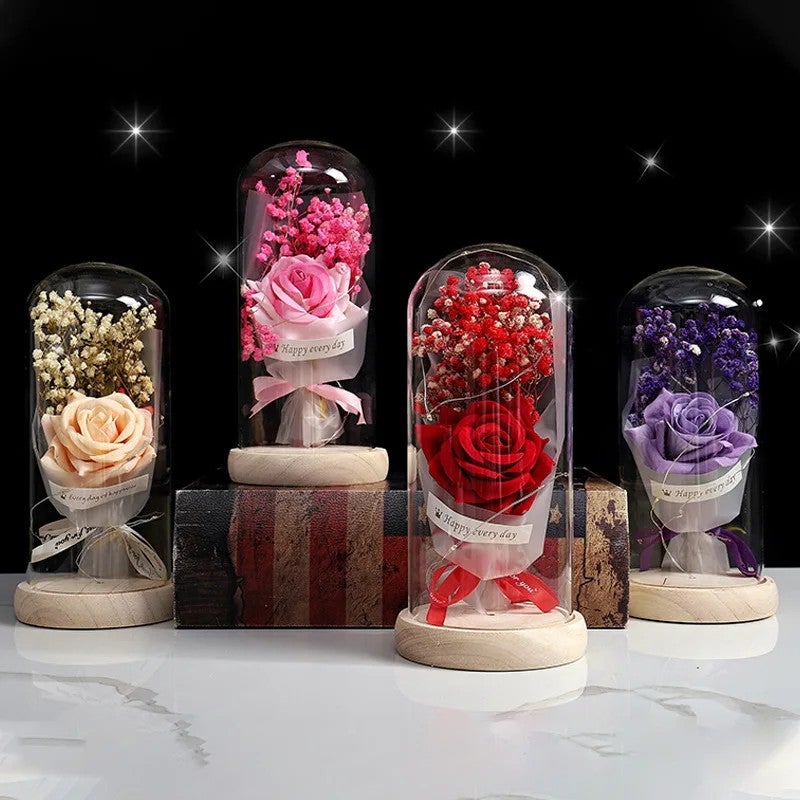 Bluejw Gypsophila Immortal Rose Flowers – Dried Preserved Blooms in Luminous Glass Dome, Romantic Chinese Valentine's Day Gift & Elegant Desktop Ornament for Teachers - Image 4