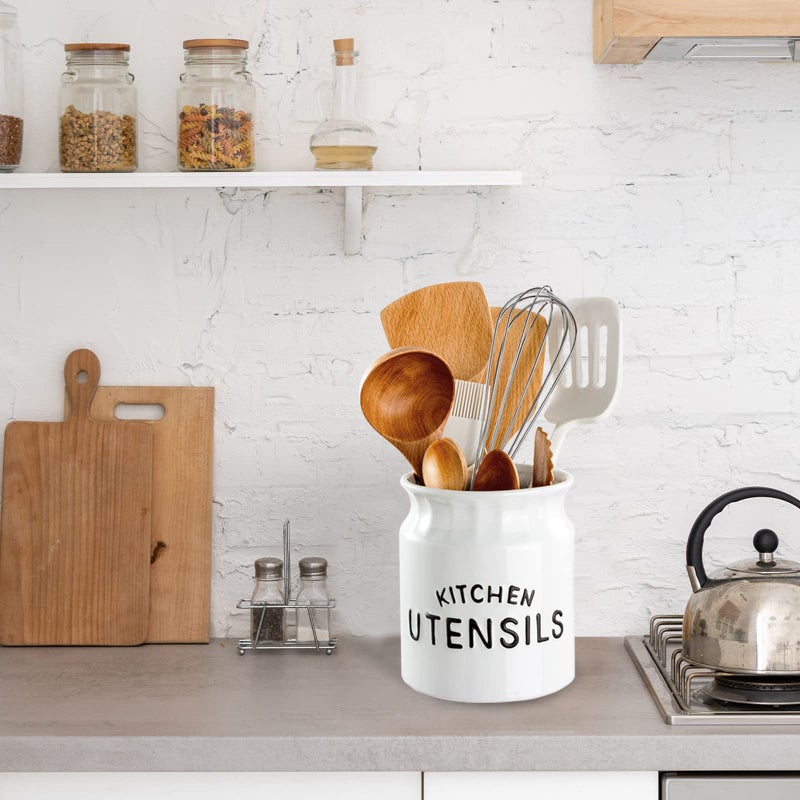 Karisky Utensil Holder, Ceramic Farmhouse Kitchen Utensil Holder for Kitchen Counter, 6.5" Large Cooking Utensil Crock for Countertop, White - Image 2