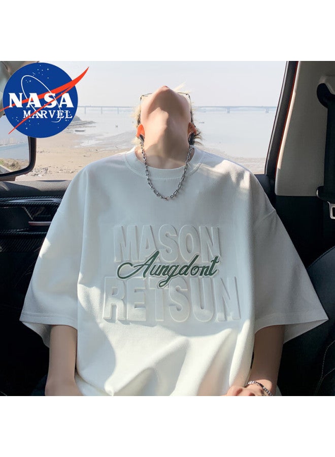 Nasa Marvel Short Sleeve T-shirt Men's Casual Round Neck American Fashion Trendy Breathable Loose Outdoor White L - Image 1