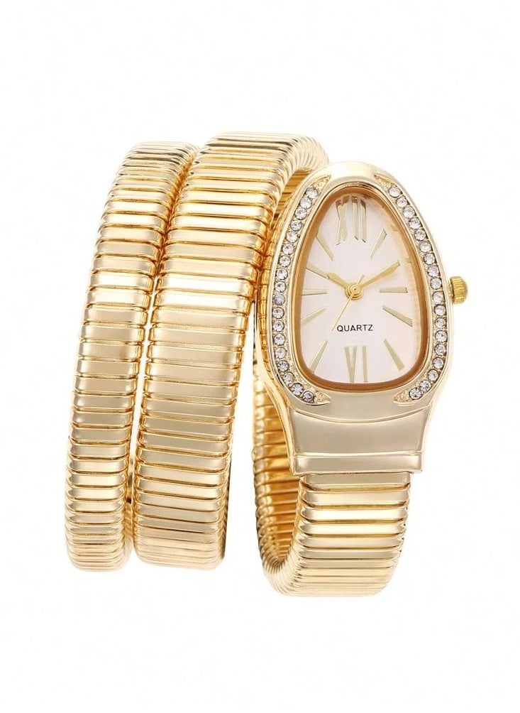 Gold Women's Quartz Watch with Snake Design Featuring a flexible, rust-resistant stainless steel band adorned with rhinestones. The coiled strap wraps effortlessly around the wrist without the need for a clasp.  - Image 3