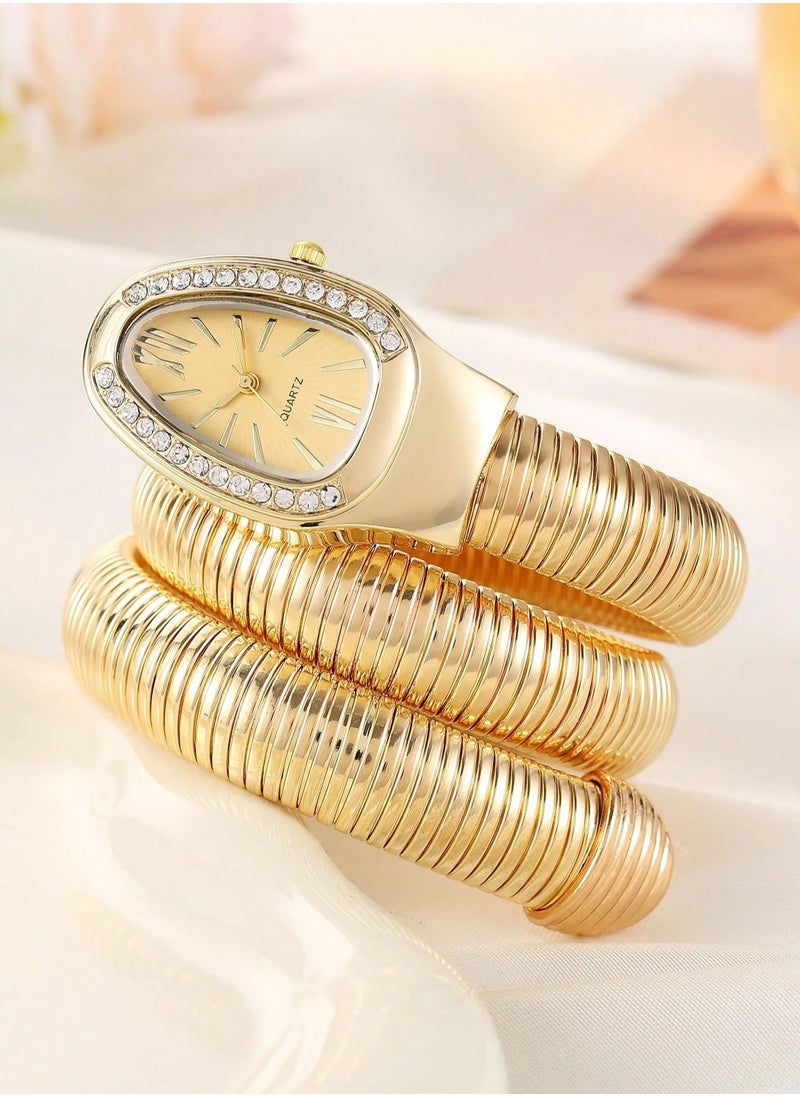 Gold Women's Quartz Watch with Snake Design Featuring a flexible, rust-resistant stainless steel band adorned with rhinestones. The coiled strap wraps effortlessly around the wrist without the need for a clasp.  - Image 1
