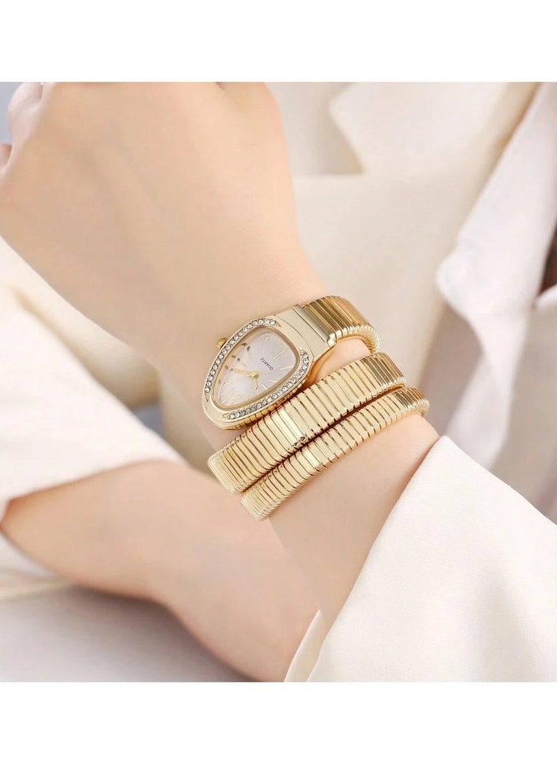 Gold Women's Quartz Watch with Snake Design Featuring a flexible, rust-resistant stainless steel band adorned with rhinestones. The coiled strap wraps effortlessly around the wrist without the need for a clasp.  - Image 2