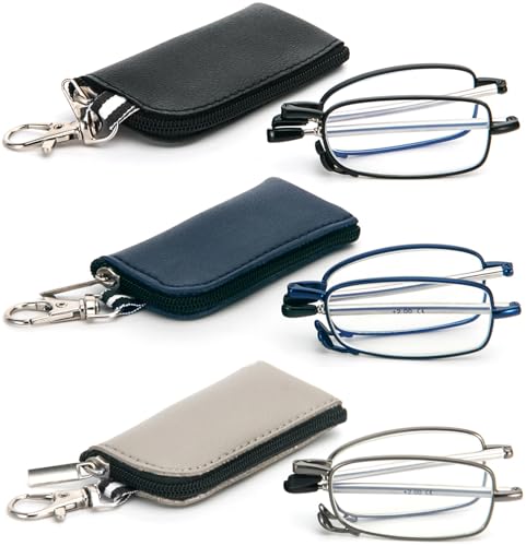 REAVEE 3 Pack Folding Reading Glasses with Keychain Compact Bags Women Men Blue Light Blocking Spring Hinge Portable Pocket ReadersBlack Grey and Blue 075 - Image 1