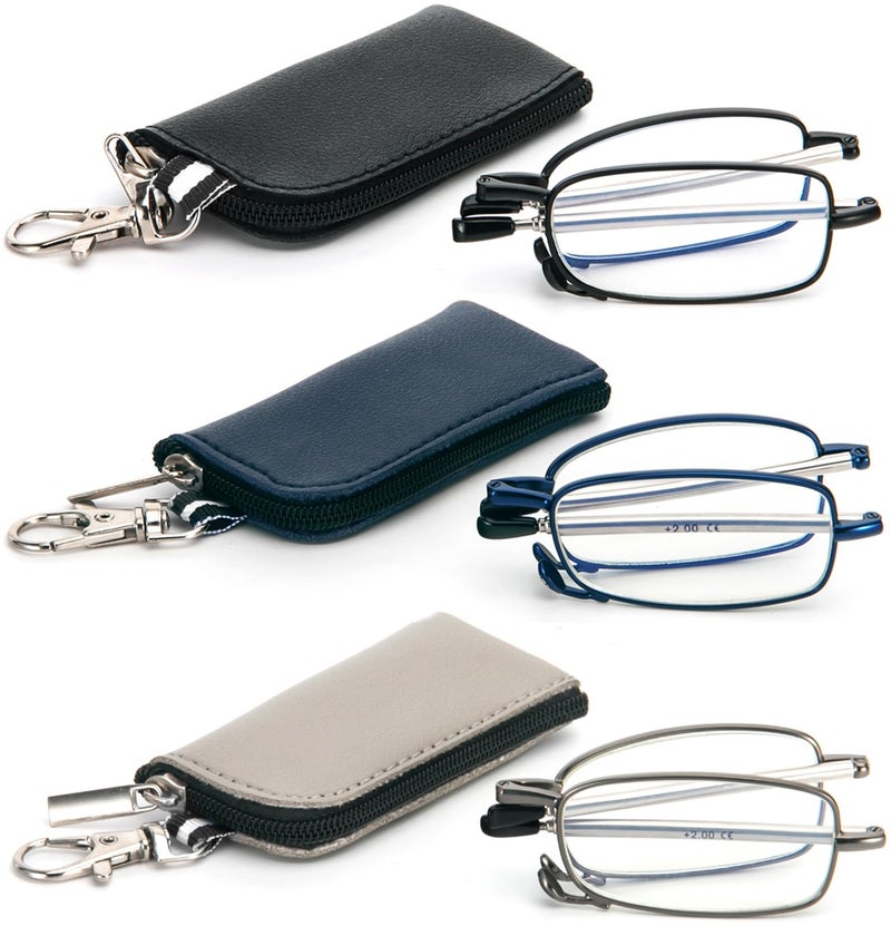 REAVEE 3 Pack Folding Reading Glasses with Keychain Compact Bags Women Men Blue Light Blocking Spring Hinge Portable Pocket ReadersBlack Grey and Blue 075 - Image 2