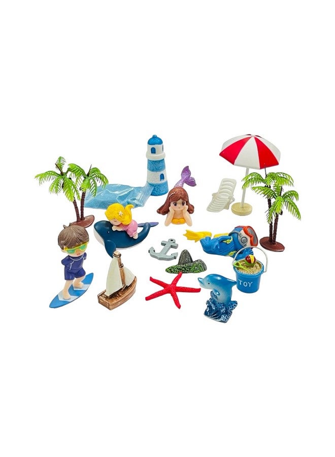 Moira Pack of 15 pcs Beach Theme Miniature Items with Sand for Dollhouse Decor, Model Making, Craft Activity, Cake Topper, Plant Decoration, Fairy Gardens, Terrarium, Aquariums - Image 1