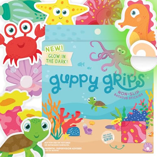 Glo Pals Glow-in-The-Dark Grips Bathtub Stickers for Kids – 8 Extra Large Non-Slip Bath Stickers & Fun Anti-Slip Tub Decals – Textured Bath Grips for Kids Bathroom Safety - Guppy - Image 1