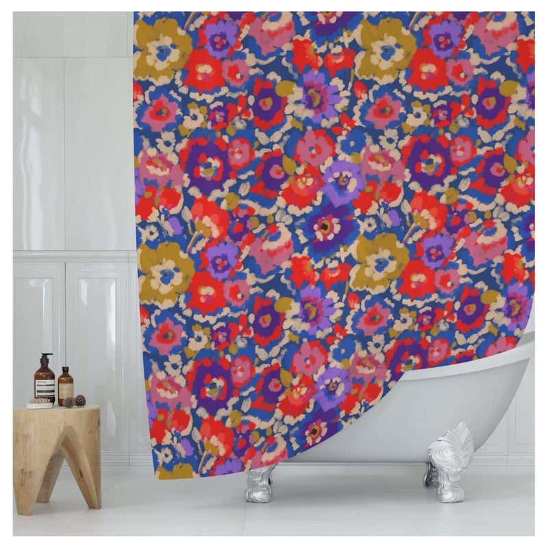 Worthwhile Goods Red Blue Purple Floral Print Shower Curtain - Impressionist Watercolor Flowers Pattern - Country Farmhouse Design - Pretty Summer Fabric Shower Curtain For Any Bathroom - 72x72 Inches (Red Floral) - Image 1