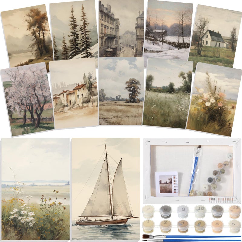Nezyo 12 Sets Paint by Numbers 8 x 12 Inch for Adults Beginner with Wooden Frames Canvas DIY Acrylic Painting Kit Art Gift for Painting Party Sip and Paint Events for Home Decor(Vintage Countryside) - Image 1