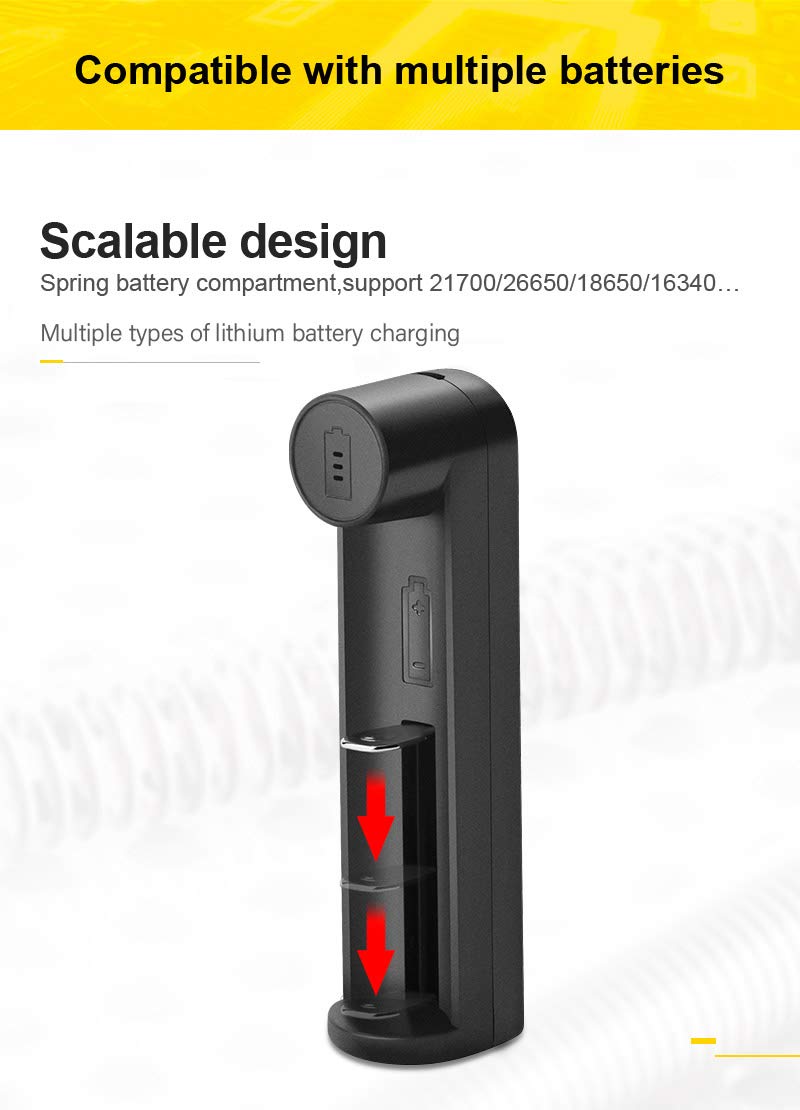 amiciSmart Smart Battery Charger for 21700 20700 26650 18650 18490 16340 14500 10400 Batteries, Single-Slot Universal Rechargeable Cell Charger with LED Indicator - Image 3