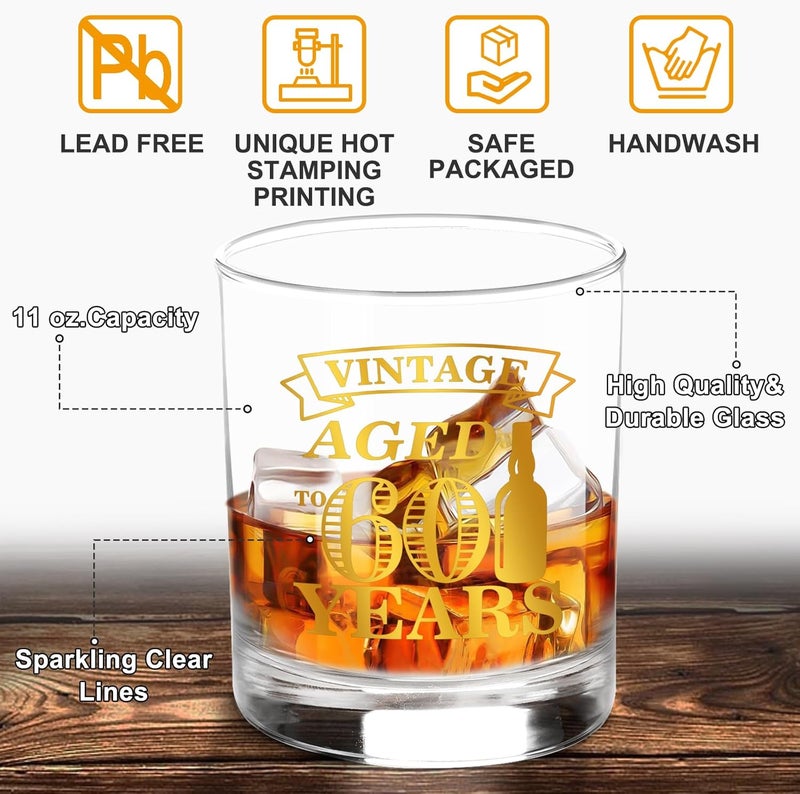 YeohJoy 60th Birthday Gifts for Men - Vintage Whiskey Glass Set, 60th Birthday Decorations for Men Gift Ideas for Him, Husband, 60 Year Old Man - Wood Box & Whiskey Stones & Coaster & Anniversary Card - Image 2