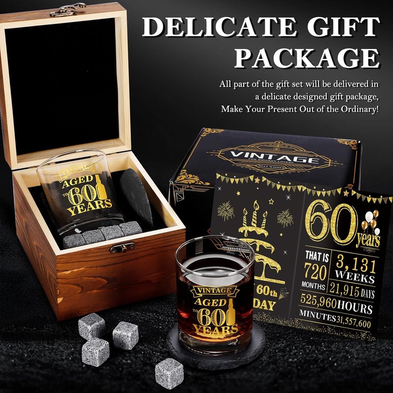 YeohJoy 60th Birthday Gifts for Men - Vintage Whiskey Glass Set, 60th Birthday Decorations for Men Gift Ideas for Him, Husband, 60 Year Old Man - Wood Box & Whiskey Stones & Coaster & Anniversary Card - Image 4