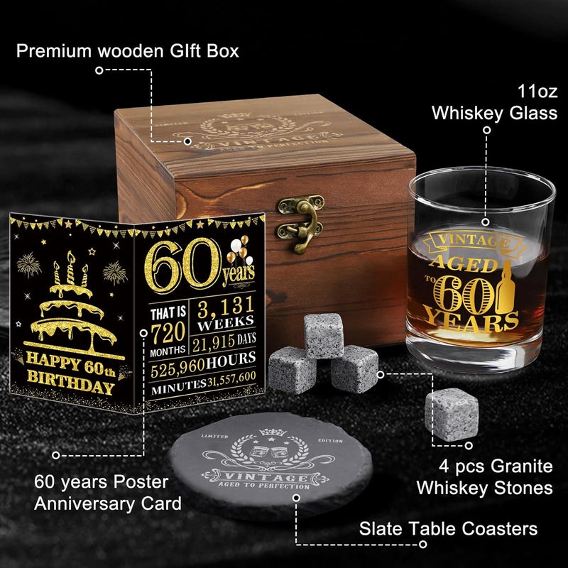 YeohJoy 60th Birthday Gifts for Men - Vintage Whiskey Glass Set, 60th Birthday Decorations for Men Gift Ideas for Him, Husband, 60 Year Old Man - Wood Box & Whiskey Stones & Coaster & Anniversary Card - Image 3