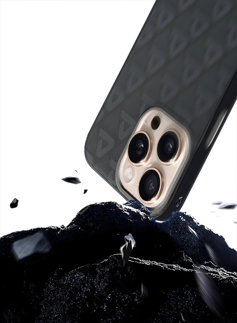 CATANES Hard Leather Case for iPhone 16 Pro, Back Cover Triangle Pattern Shockproof Protective Phone Case - Black - Image 2