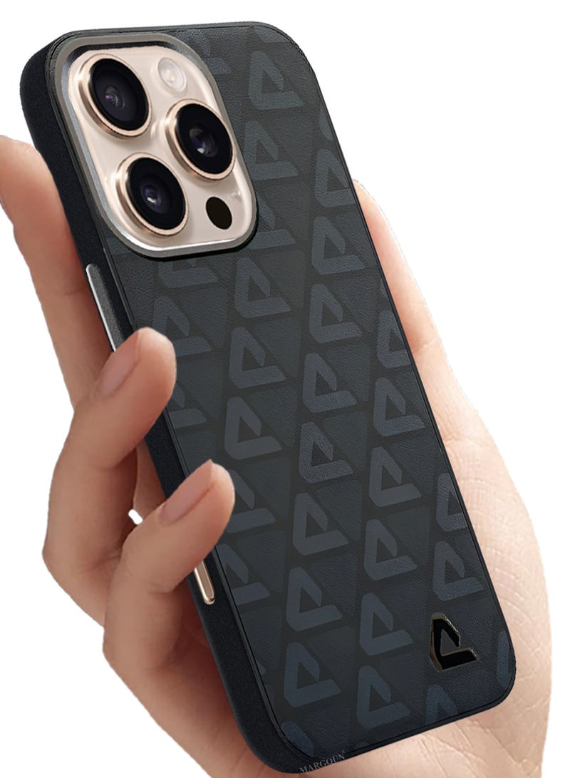 CATANES Hard Leather Case for iPhone 16 Pro, Back Cover Triangle Pattern Shockproof Protective Phone Case - Black - Image 3