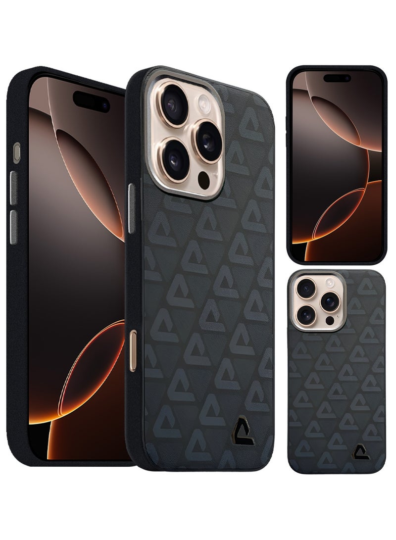 CATANES Hard Leather Case for iPhone 16 Pro, Back Cover Triangle Pattern Shockproof Protective Phone Case - Black - Image 5