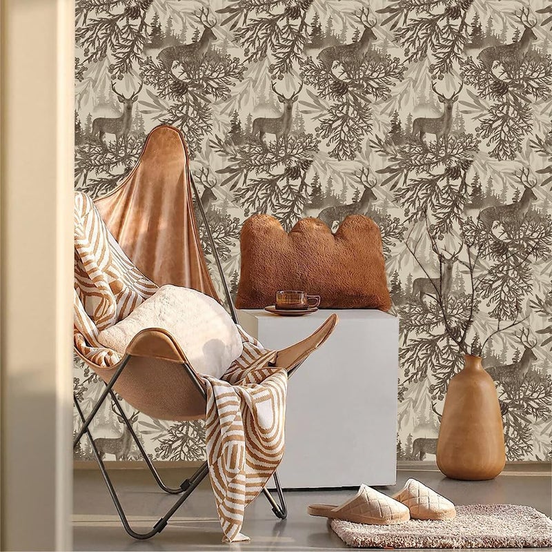 MuralPeel Boho Animals Forest Deer Vintage Pine Tree Leaf Peel and Stick Wallpaper Self Adhesive Removable Easy Peel Off Contact Paper Stick on Wall Paper for Bedroom Cabinet Renter Friendly - Image 2