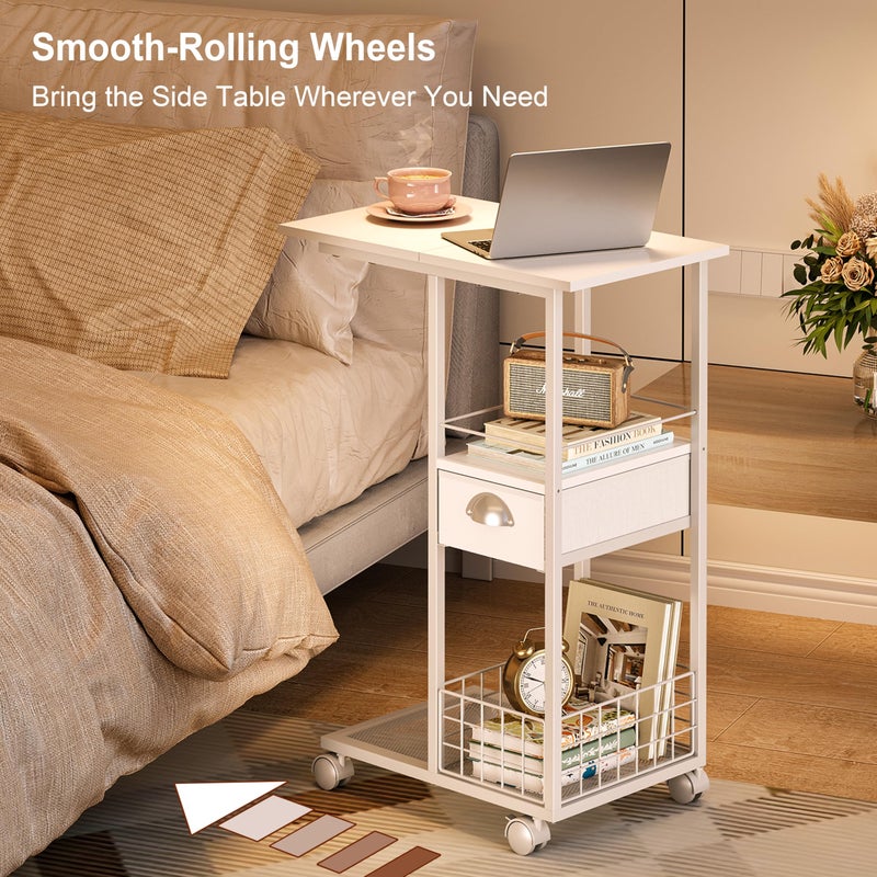 Sonyabecca Rolling Side Table with Storage Drawer, White Bedside Table with Wheels, TV Tray for Sofa, Portable Desk on Wheels, Modern Night Stand, Overbed Table for Bedroom, C Shaped End Tables Living Room - Image 5