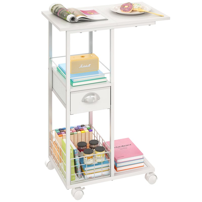 Sonyabecca Rolling Side Table with Storage Drawer, White Bedside Table with Wheels, TV Tray for Sofa, Portable Desk on Wheels, Modern Night Stand, Overbed Table for Bedroom, C Shaped End Tables Living Room - Image 1