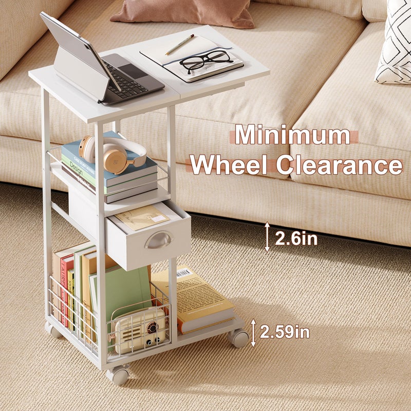 Sonyabecca Rolling Side Table with Storage Drawer, White Bedside Table with Wheels, TV Tray for Sofa, Portable Desk on Wheels, Modern Night Stand, Overbed Table for Bedroom, C Shaped End Tables Living Room - Image 4