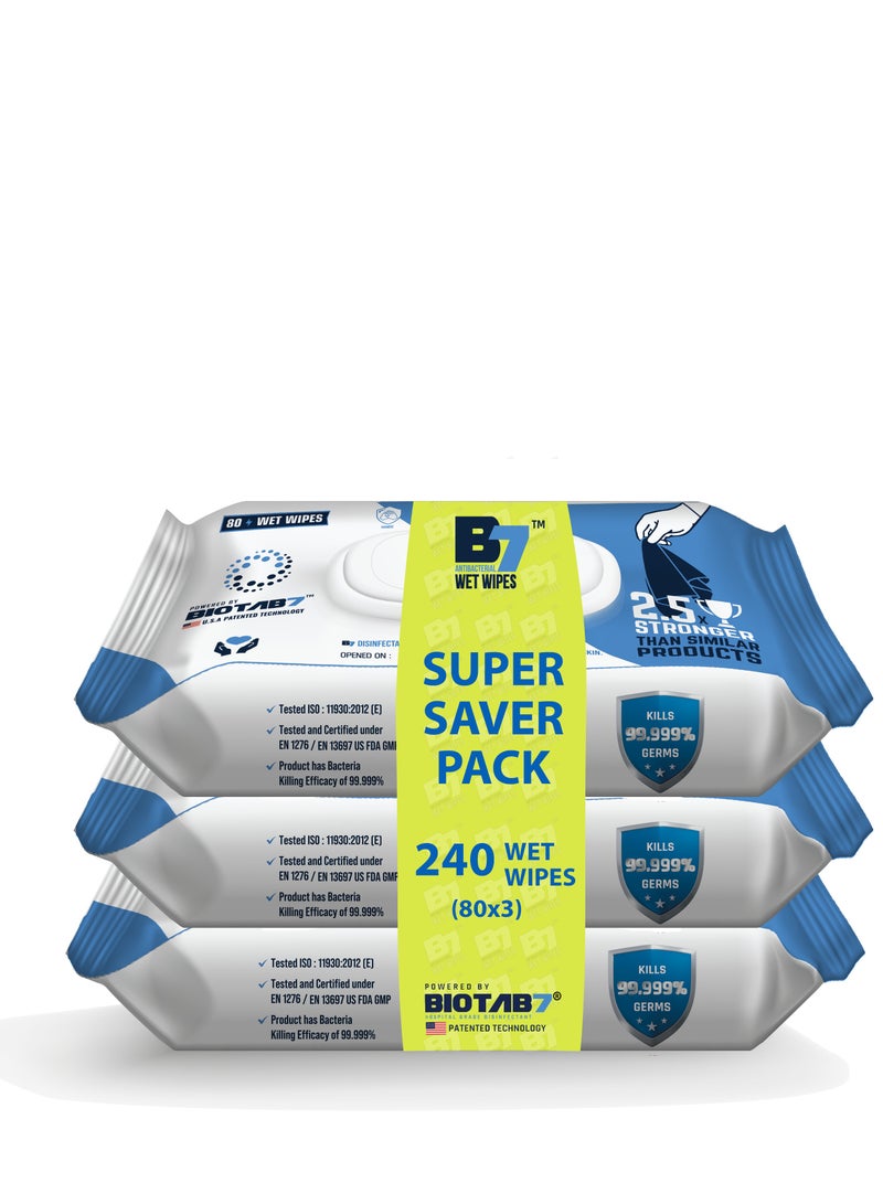 Generic B7® Pack Of 3 (80×3) Antibacterial Wipes for Kids, Skin, Pets, Personal Hygiene, Surface, and Devices. Pure Water-Based  Kills 99.999% of Germs in 60 Seconds.  - Image 1