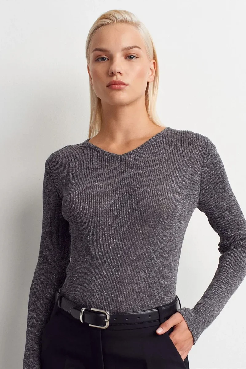 Dilvin Charcoal Grey DILVIN Women's Slim Fit V-Neck Ribbed Sweater for Women | Best Price UAE