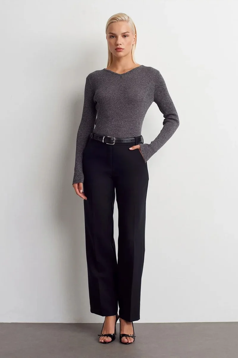 Dilvin Charcoal Grey DILVIN Women's Slim Fit V-Neck Ribbed Sweater for Women | Best Price UAE