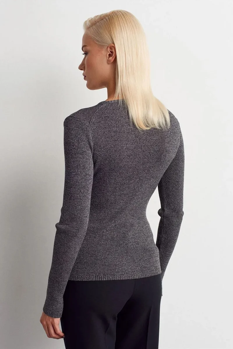 Dilvin Charcoal Grey DILVIN Women's Slim Fit V-Neck Ribbed Sweater for Women | Best Price UAE