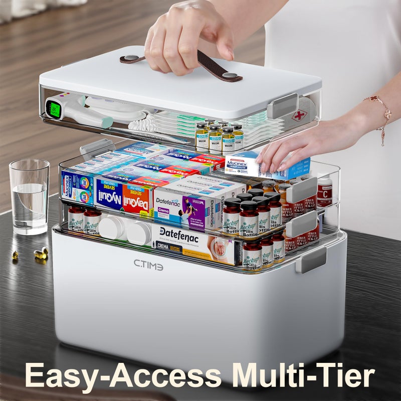 CTIME 4-Tier XL Medicine Organizer - Portable Medicine Cabinet with Leather Handle, Empty First Aid Kit for Home Organization Must, School, Dormitory, Travel, RV, Dorm, Ideal Elderly Gift - Image 3