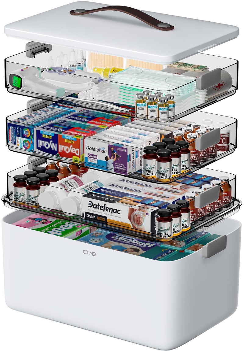 CTIME 4-Tier XL Medicine Organizer - Portable Medicine Cabinet with Leather Handle, Empty First Aid Kit for Home Organization Must, School, Dormitory, Travel, RV, Dorm, Ideal Elderly Gift - Image 1