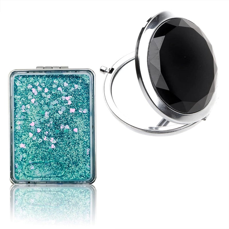 MAJESTIQUE MAJESTIQUE 2 Shape Round and Square Compact Mirror for Girls and Women Mini Mix Glitter 1X2X Magnifying Diamond Metal Pocket Makeup Mirror Small Mirror Color May Very  - Image 1