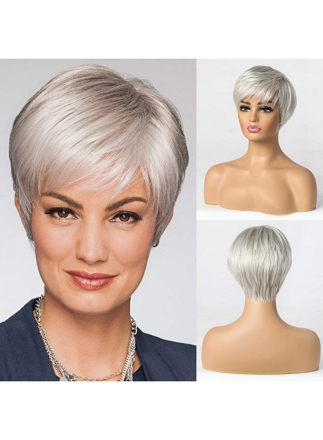 EMMOR Short Silver Grey Human Hair Blend Wigs For Womennatural Hair Pixie Cut Wiglightweight/Breathable/Soft (Color 101) - Image 1