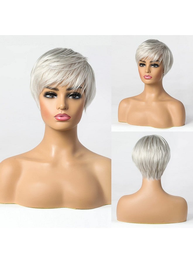 EMMOR Short Silver Grey Human Hair Blend Wigs For Womennatural Hair Pixie Cut Wiglightweight/Breathable/Soft (Color 101) - Image 3