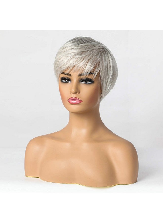 EMMOR Short Silver Grey Human Hair Blend Wigs For Womennatural Hair Pixie Cut Wiglightweight/Breathable/Soft (Color 101) - Image 5