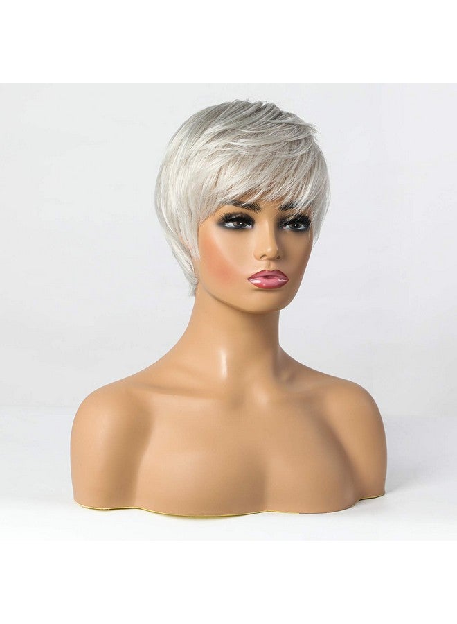 EMMOR Short Silver Grey Human Hair Blend Wigs For Womennatural Hair Pixie Cut Wiglightweight/Breathable/Soft (Color 101) - Image 4