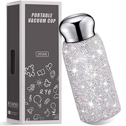 Vesici Rhinestone Water Bottle, Bling Diamond Water Bottle for Women Stainless Steel Thermal Cup Glitter Refillable Insulated Cup for Women Gifts, 260 ml(White) - Image 1