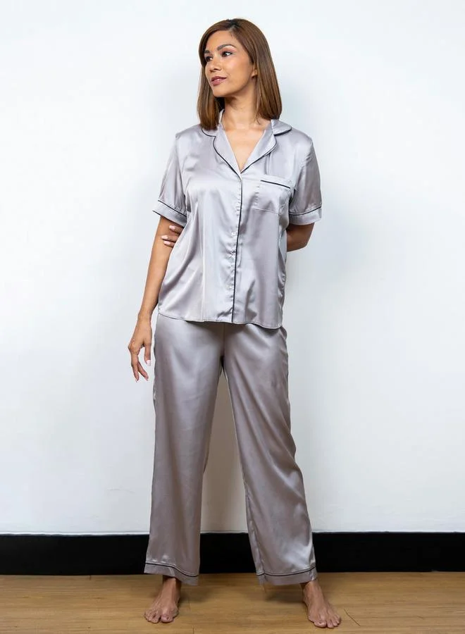 Aadaraya Aadaraya Solid Satin Short Sleeve Shirt and Elasticated Pyjama Set