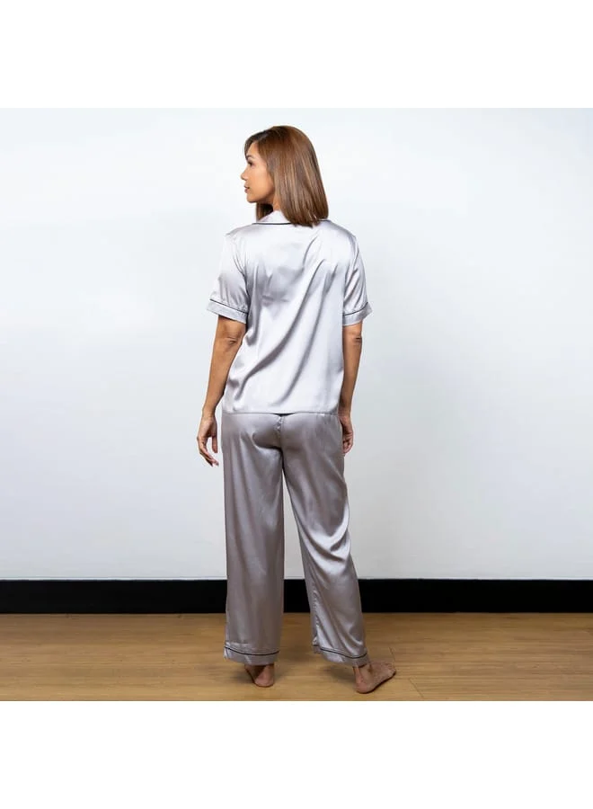 Aadaraya Aadaraya Solid Satin Short Sleeve Shirt and Elasticated Pyjama Set