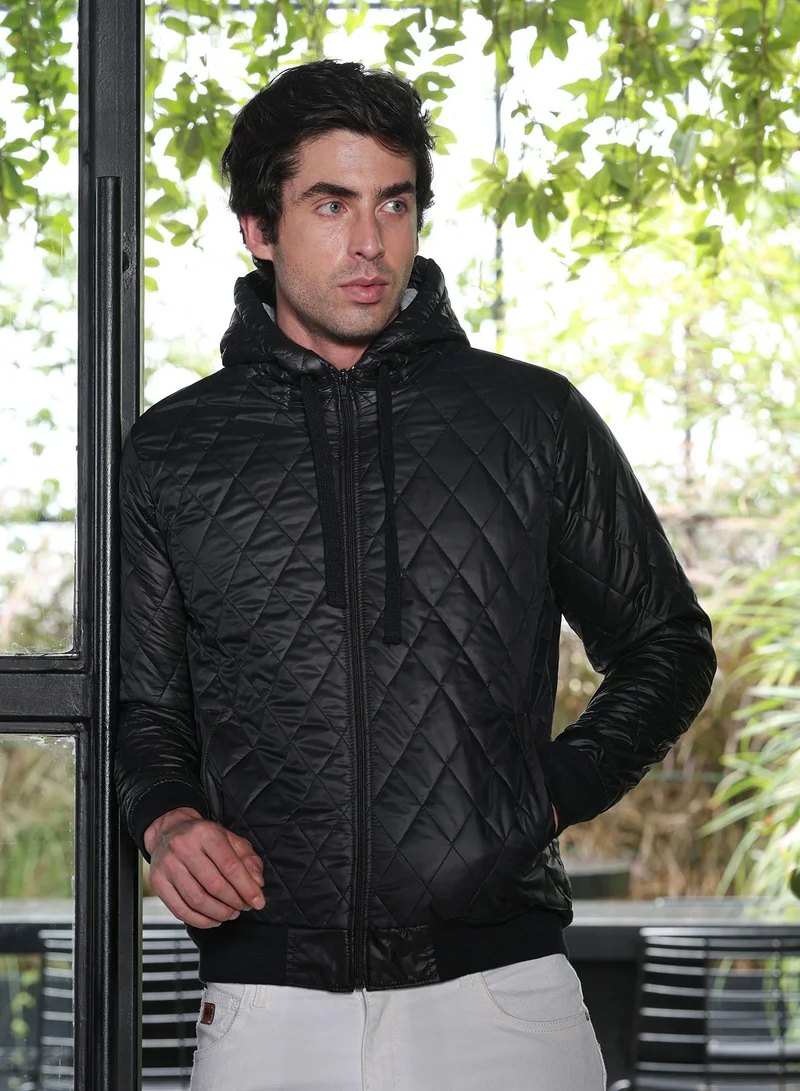 Campus Sutra Men Diamond-Quilted Puffer Jacket | Hooded Neck, Long Ribbed Cuff Sleeves | Zipper , Ribbed-Straight Hem | Solid Quilted | Woven Fabric For Casual & Daily Wear | Obsidian Black