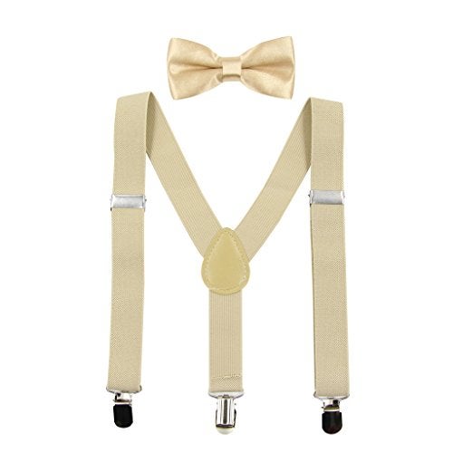 Hanerdun Kids Suspender Bowtie Sets Adjustable Suspender With Bow Ties Gift Idea For Boys And Girls, Beige, One Size - Image 1