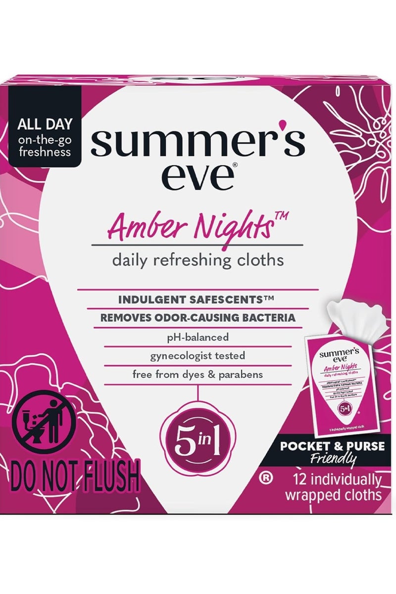 Summer's Eve Daily Cleansing Wipes, Amber Nights with Oat and Shea Extracts, Removes Odor, pH Balanced, 12 Count, 1 Pack - Image 1