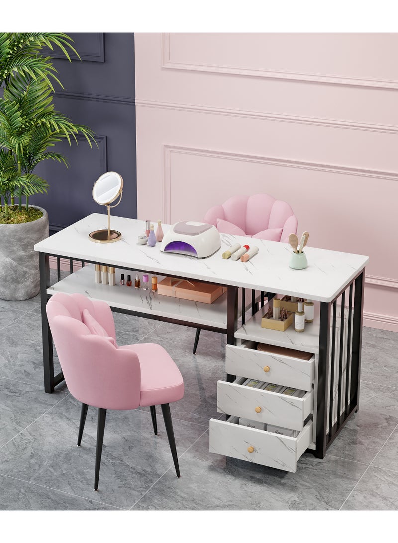 مكتب الأظافر مع التخزين - طاولة الفراغ الرخامية ذات الدرج الثلاثة. محطة عمل مانيكير صالون مع رف مفتوح. مكتب ماكياج للمنزل / استوديو التجميل (YN128) - Image 1
