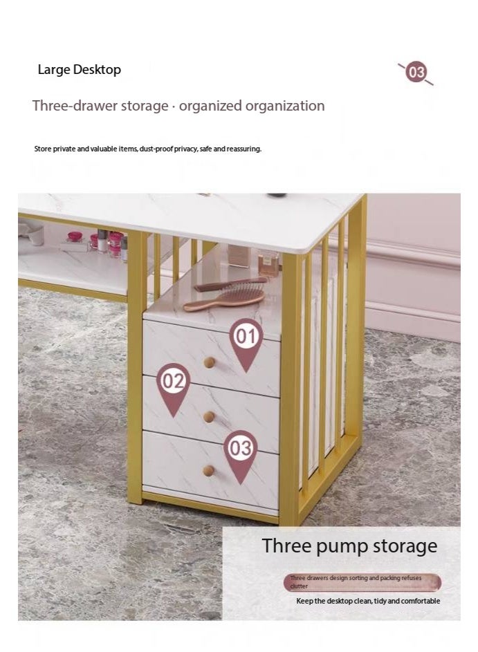 مكتب الأظافر مع التخزين - طاولة الفراغ الرخامية ذات الدرج الثلاثة. محطة عمل مانيكير صالون مع رف مفتوح. مكتب ماكياج للمنزل / استوديو التجميل (YN128) - Image 4
