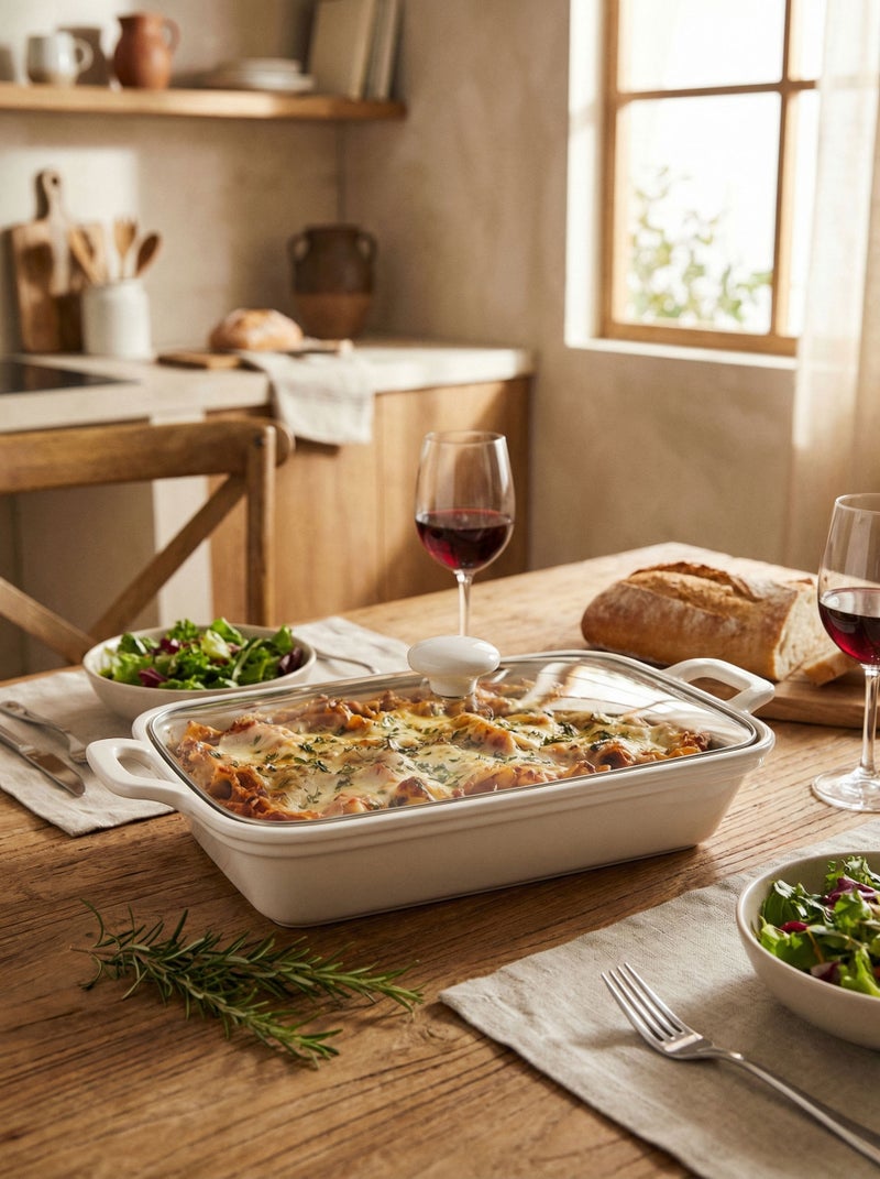 Dove Porcelain Rectangular Baking Dish with Glass Lid White 14.5 inch - Image 1